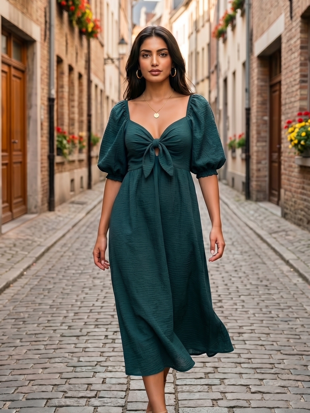 Tie-Front Puff Sleeve Maxi Dress in Green Smocked Back Size M Boho
